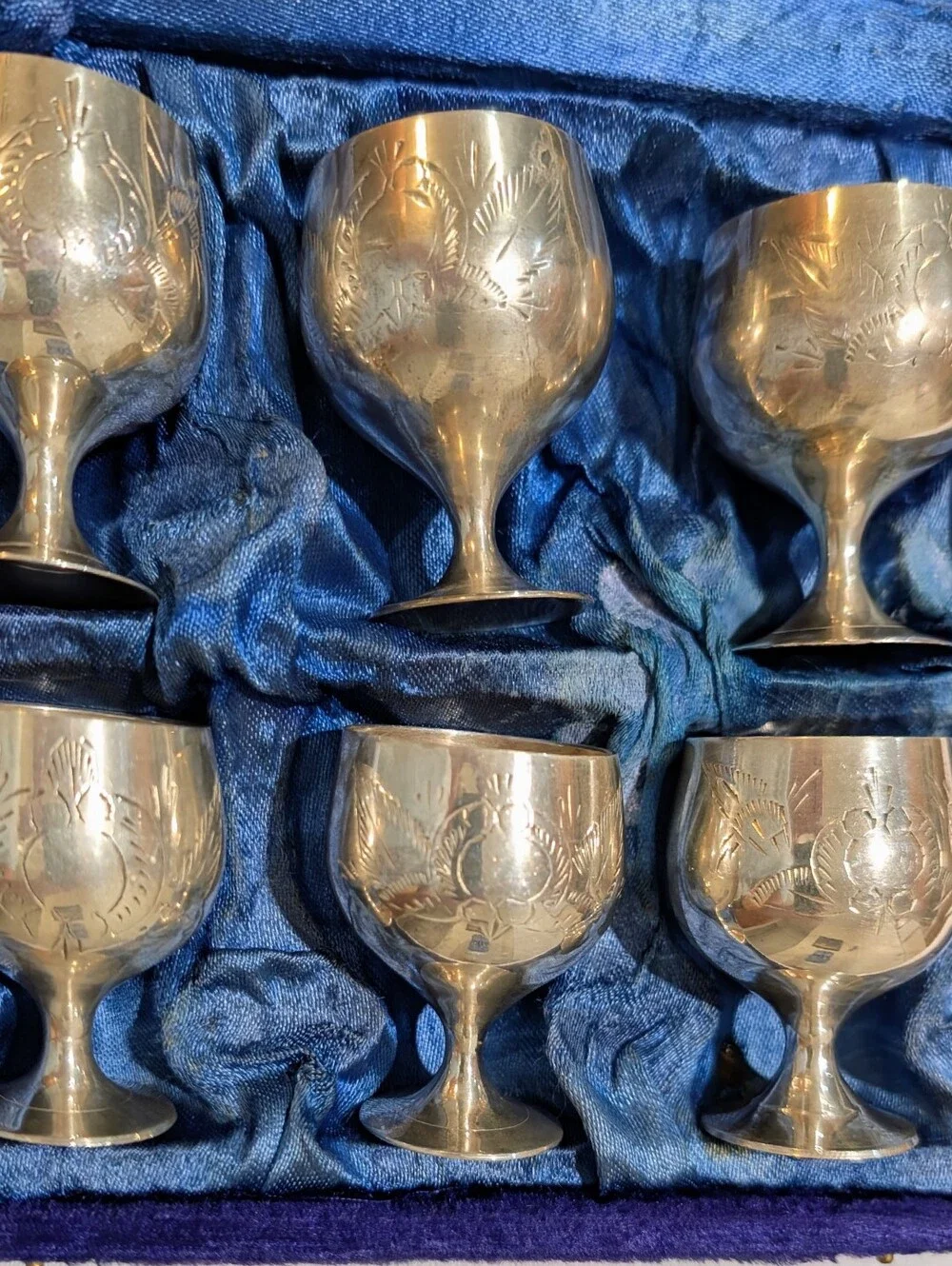 Vintage EPNS Silver Plated Engraved Cordial Goblets -Set of 6- in Original Case